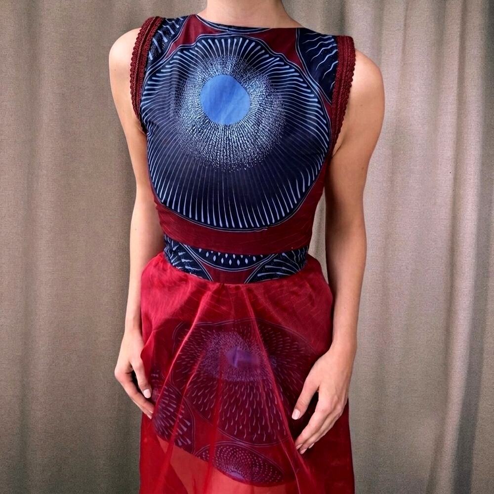 Handmade Avant-Garde Sculptural Gown, Sheer Skirt & Peacock Feather Medallions - Picture 3 of 3